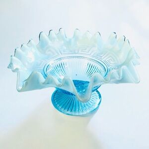 Northwood Blue Opalescent Glass Greek Key Ribbed Ruffled Bowl 8" Antique 1900s